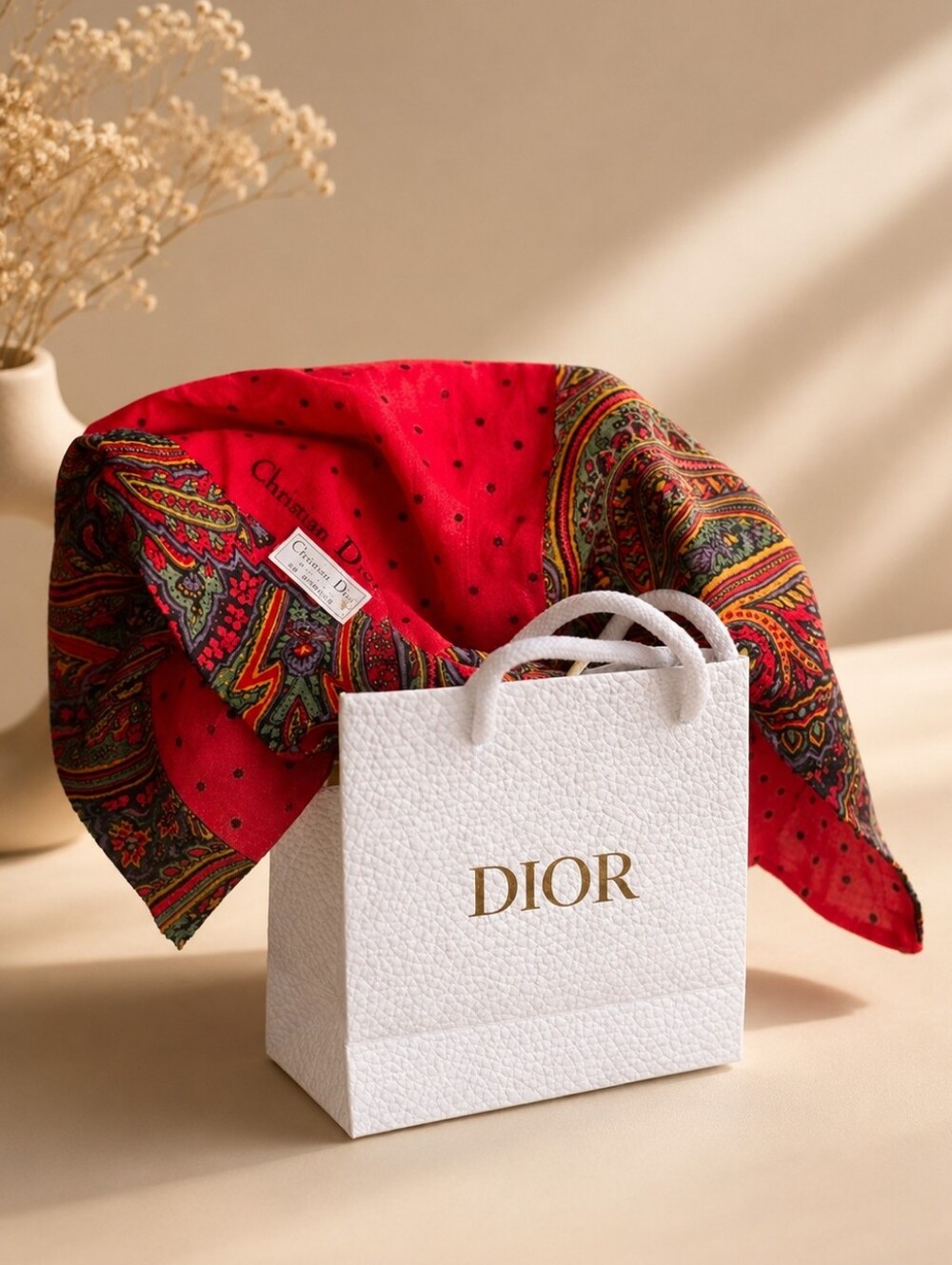 Authentic Dior Red Cotton Polka Dot Paisley Scarf With Giftbag NWOT